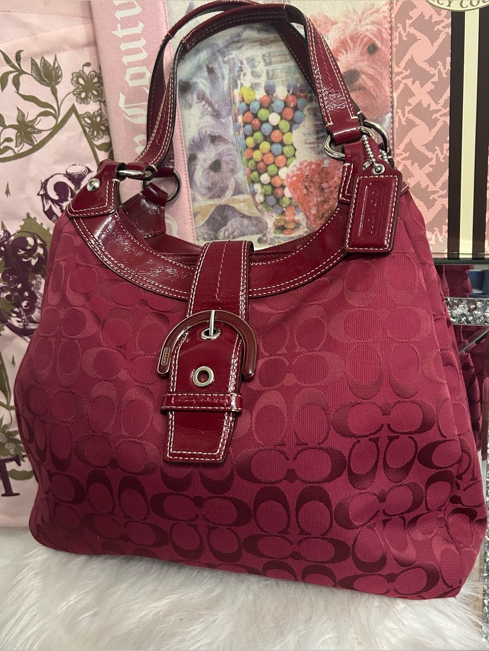 Authentic Coach SoHo Red Signature Canvas Patent Leather Hobo Bag F17403